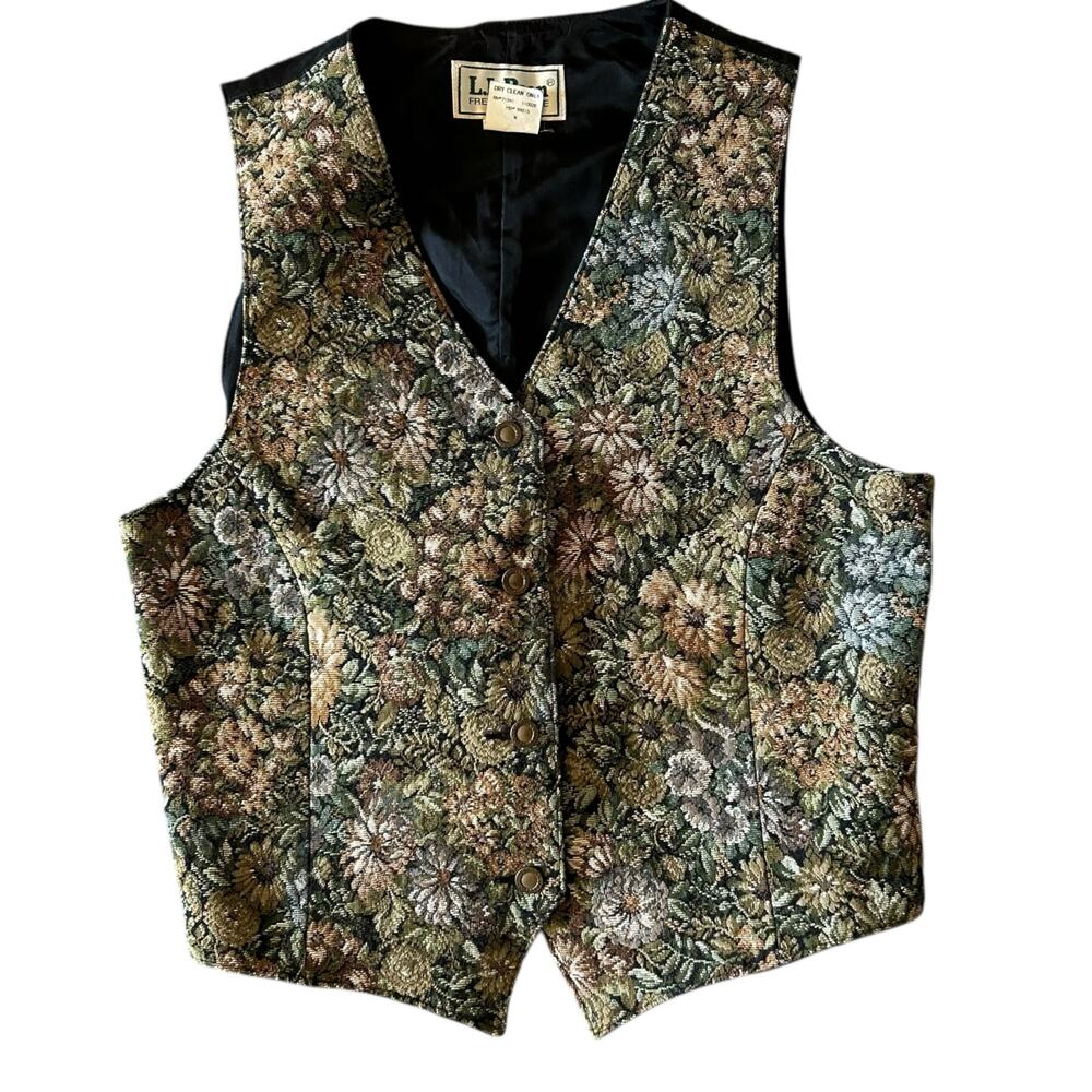 Vtg LL Bean Wildflower Tapestry Vest Womens 14 Black Brown Indie Poet Boho